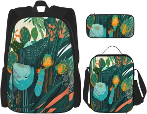 Multi Functional Cactus Tropical Plant Print Backpack Set With Lunch Bag And Pencil Case,Leisure,Fashion