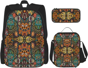 Multi Functional Colorful Sugar Skulls Print Backpack Set With Lunch Bag And Pencil Case,Leisure,Fashion