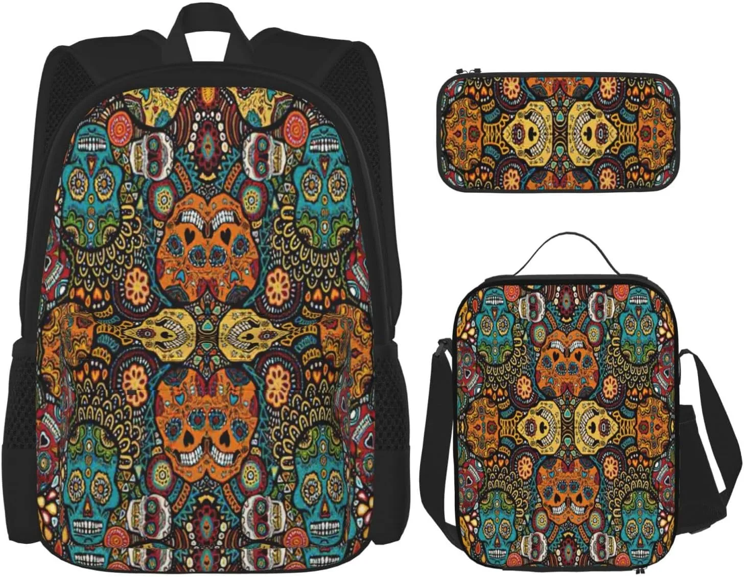 Multi Functional Colorful Sugar Skulls Print Backpack Set With Lunch Bag And Pencil Case,Leisure,Fashion