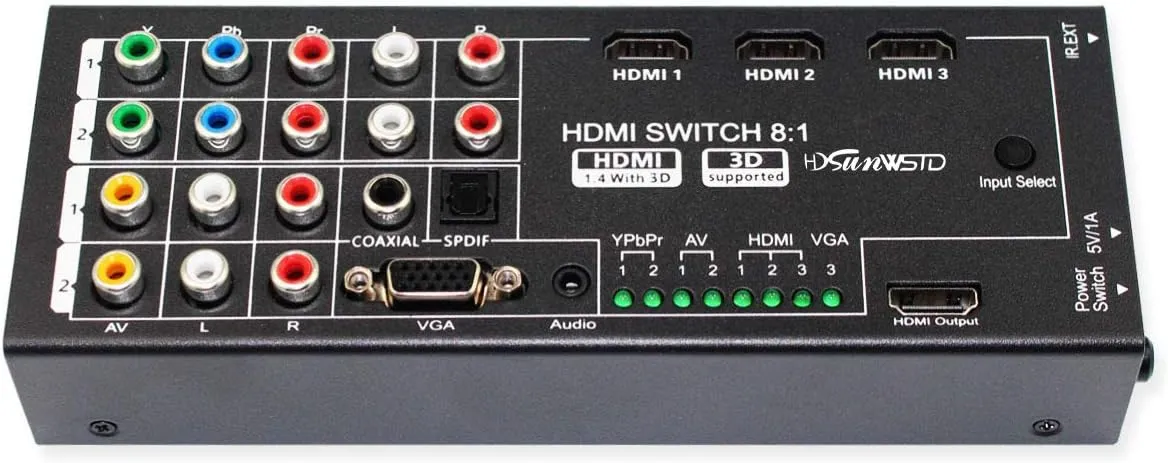 Multi-Functional HDMI Converter with 8 Inputs (VGA   AV   Ypbpr Component   HDMI) to One HDMI Output,COAXIAL Output,SPDIF Output Supports HDMI v1.4 3D