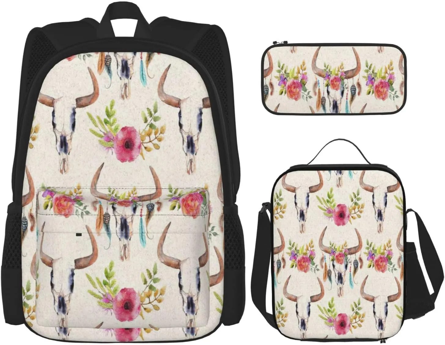 Multi Functional Runner Bull Skull Print Backpack Set With Lunch Bag And Pencil Case,Leisure,Fashion