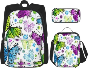 Multi Functional Spring Colorful Butterfly Print Backpack Set With Lunch Bag And Pencil Case,Leisure,Fashion