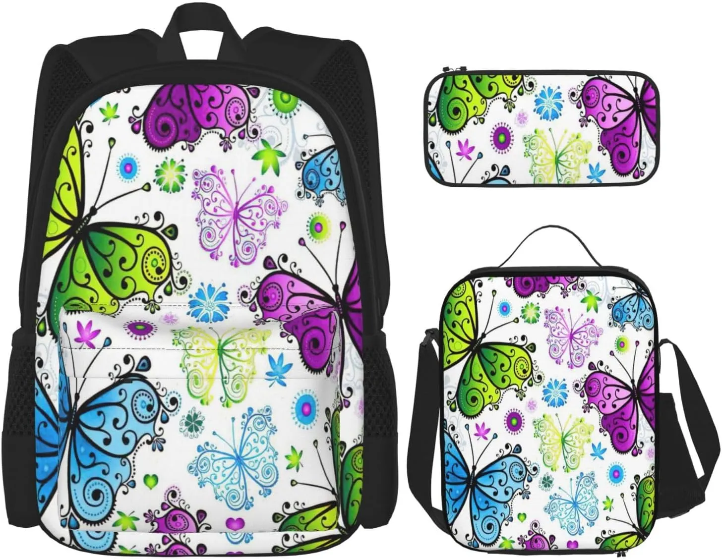 Multi Functional Spring Colorful Butterfly Print Backpack Set With Lunch Bag And Pencil Case,Leisure,Fashion