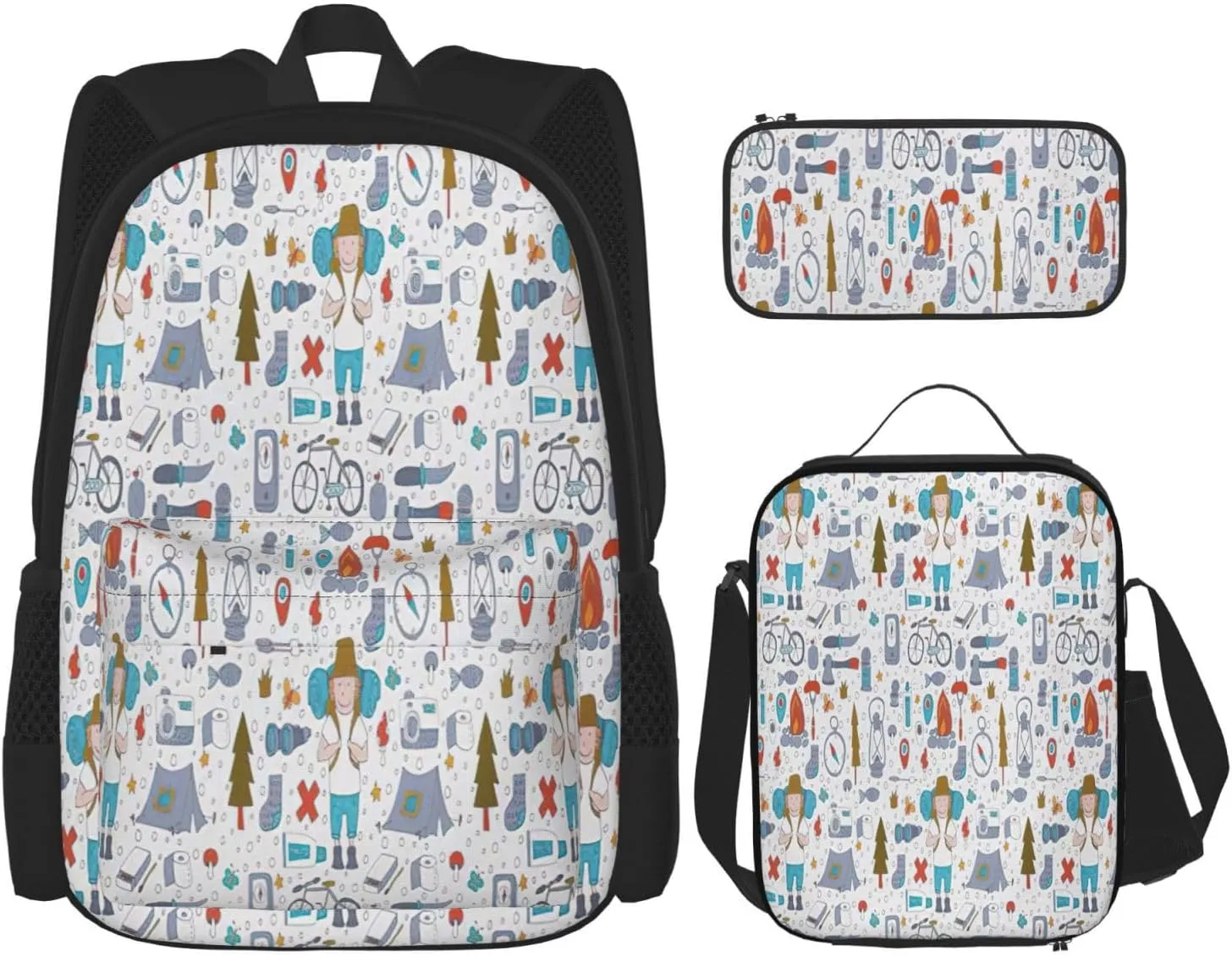 Multi Functional The Nature Wildlands Activities Pattern Print Backpack Set With Lunch Bag And Pencil Case,Leisure,Fashion