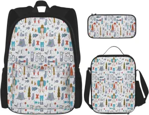 Multi Functional The Nature Wildlands Activities Pattern Print Backpack Set With Lunch Bag And Pencil Case,Leisure,Fashion