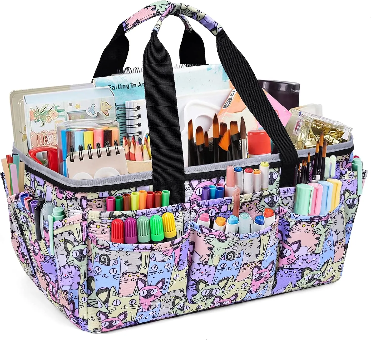 Multi-Functional Tote Bag Craft Bag Desktop File Folder Carrying Bag With Pockets For Art,Craft,Sewing, Travel, Daily Use,Office (cat)