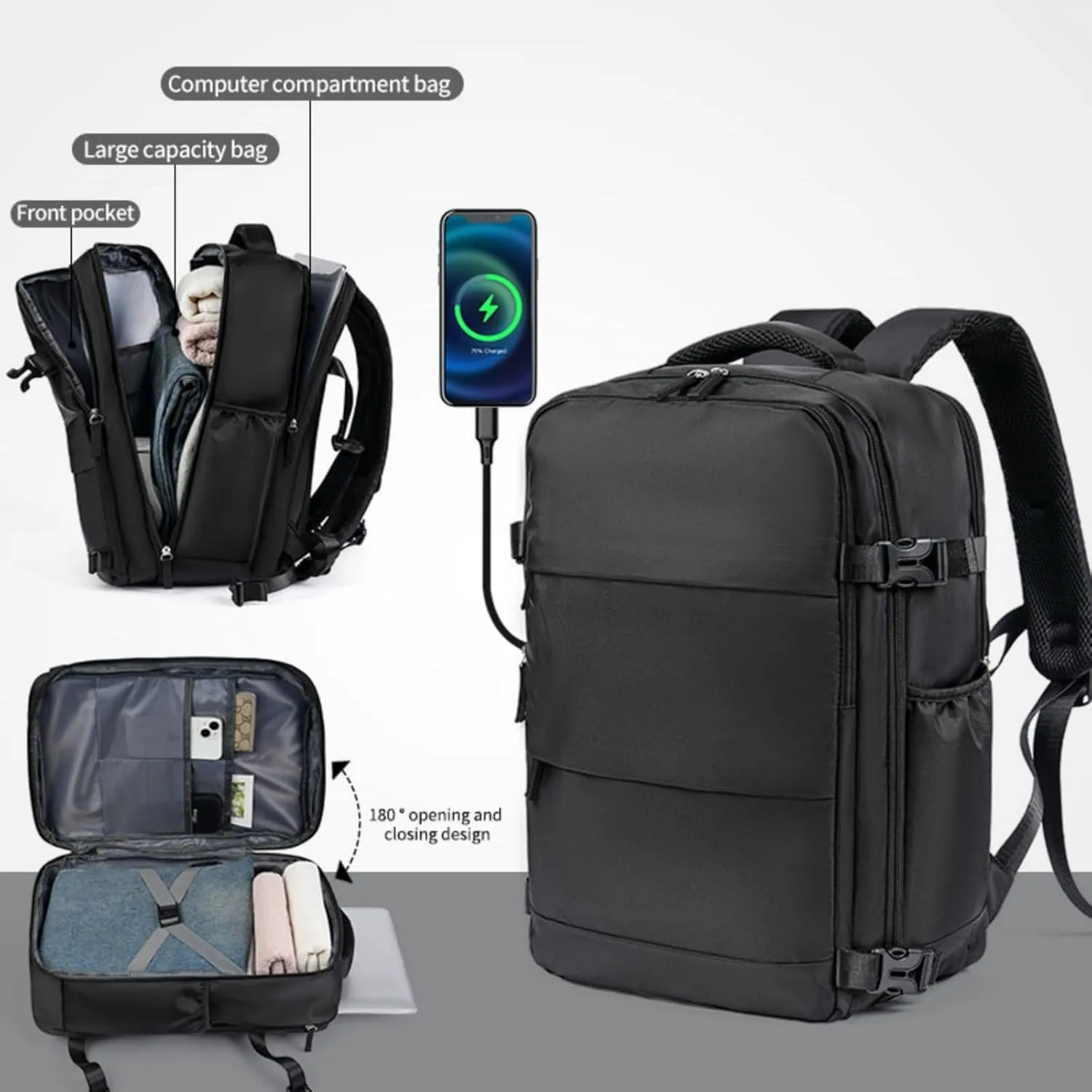 Multi-Functional Travel Backpack, Travel Laptop Backpack with USB Charging Port, Waterproof Business and Outdoor Sports Slim Travel Backpack, Large Capacity Laptop Backpack (Black)