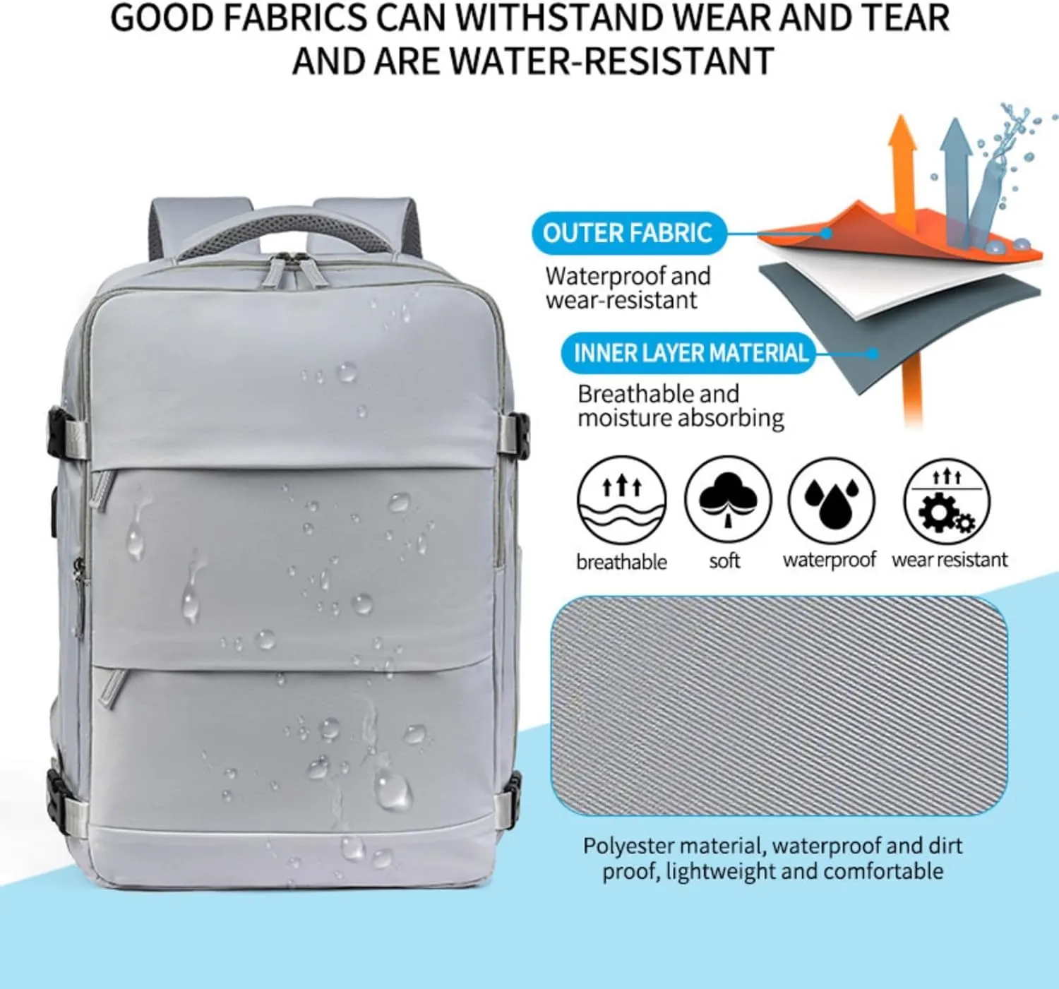 Multi-Functional Travel Backpack, Travel Laptop Backpack with USB Charging Port, Waterproof Business and Outdoor Sports Slim Travel Backpack, Large Capacity Laptop Backpack (Silver Gray)
