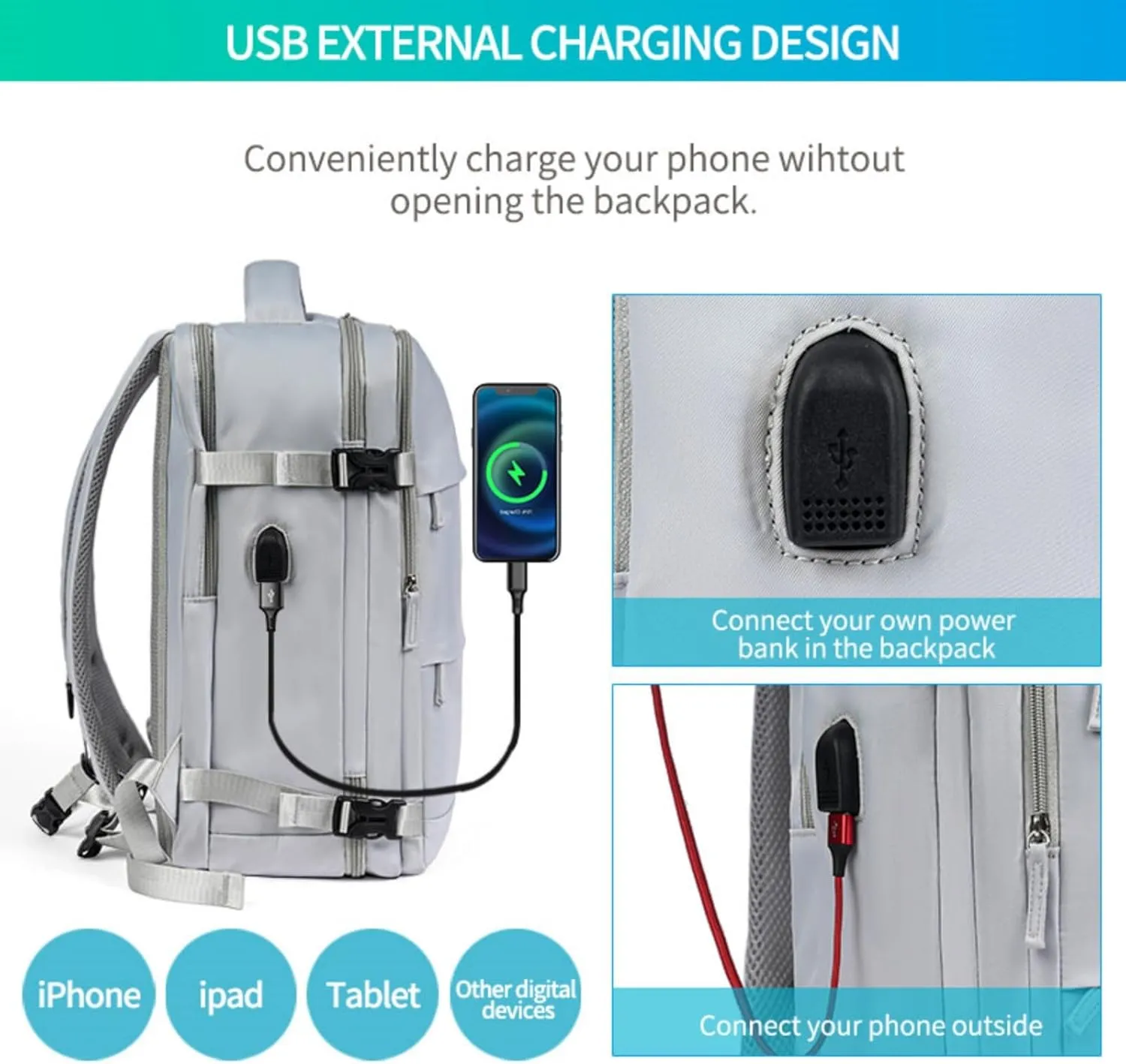 Multi-Functional Travel Backpack, Travel Laptop Backpack with USB Charging Port, Waterproof Business and Outdoor Sports Slim Travel Backpack, Large Capacity Laptop Backpack (Silver Gray)