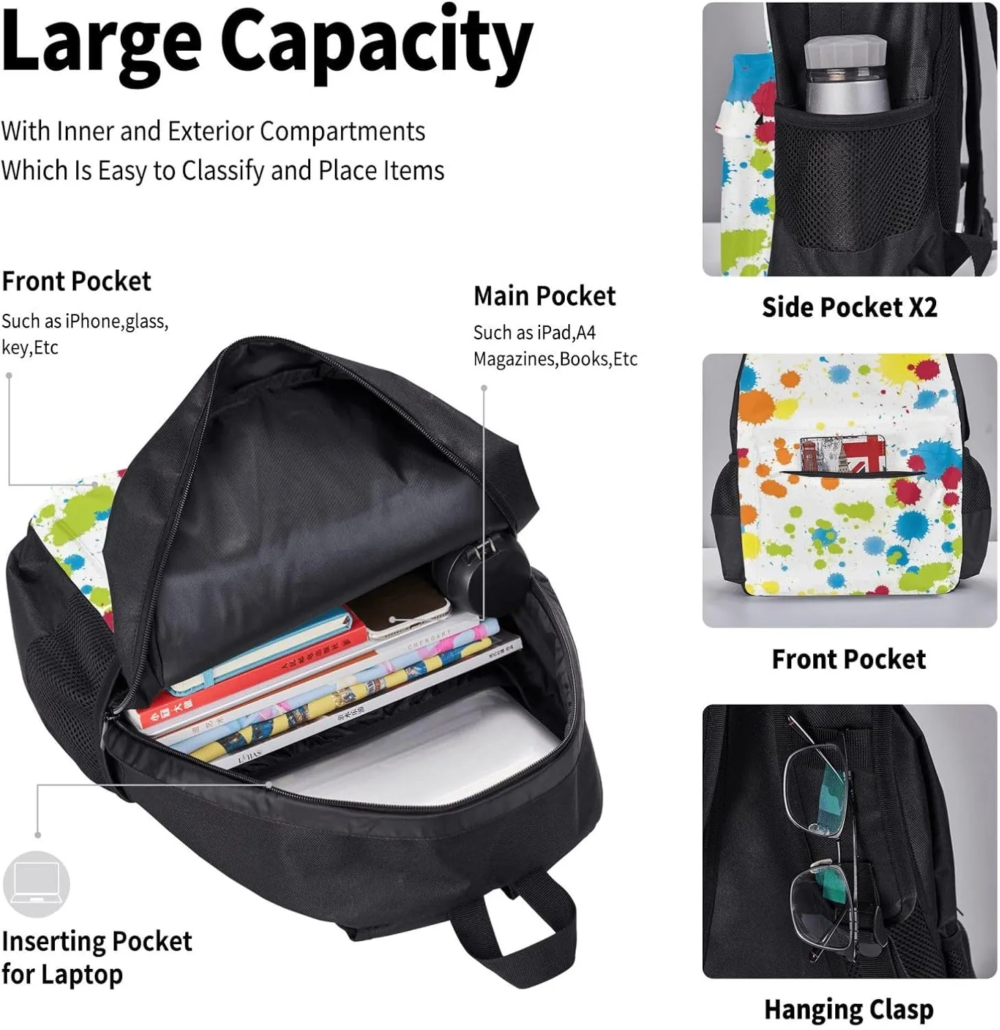 Multicolor Paint Splatter Multifunctional Pocket Backpack Crossbody Lunch Bag Pencil Case 3Pcs Set Large Capacity Backpack