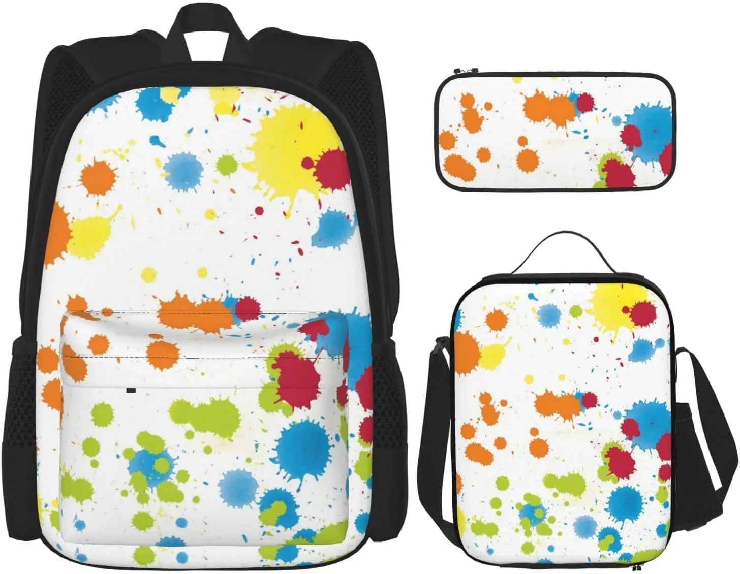 Multicolor Paint Splatter Multifunctional Pocket Backpack Crossbody Lunch Bag Pencil Case 3Pcs Set Large Capacity Backpack