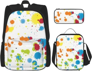 Multicolor Paint Splatter Multifunctional Pocket Backpack Crossbody Lunch Bag Pencil Case 3Pcs Set Large Capacity Backpack