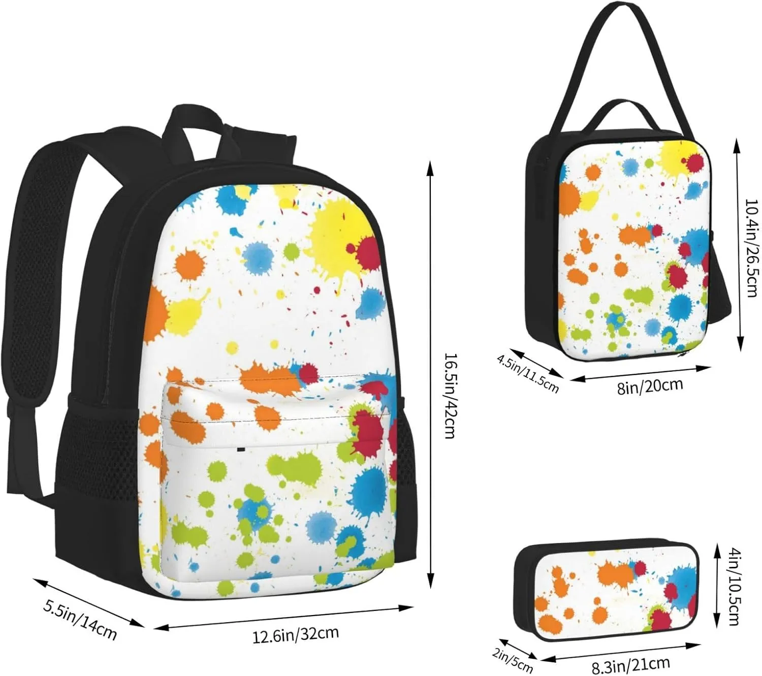Multicolor Paint Splatter Multifunctional Pocket Backpack Crossbody Lunch Bag Pencil Case 3Pcs Set Large Capacity Backpack