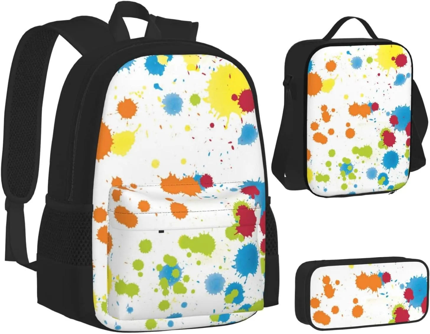 Multicolor Paint Splatter Multifunctional Pocket Backpack Crossbody Lunch Bag Pencil Case 3Pcs Set Large Capacity Backpack