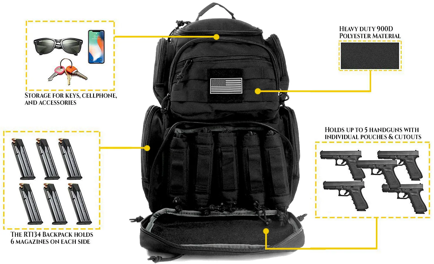 Multiple compartments Tactical Lockable Range Backpack with Free USA Patch and rain cover