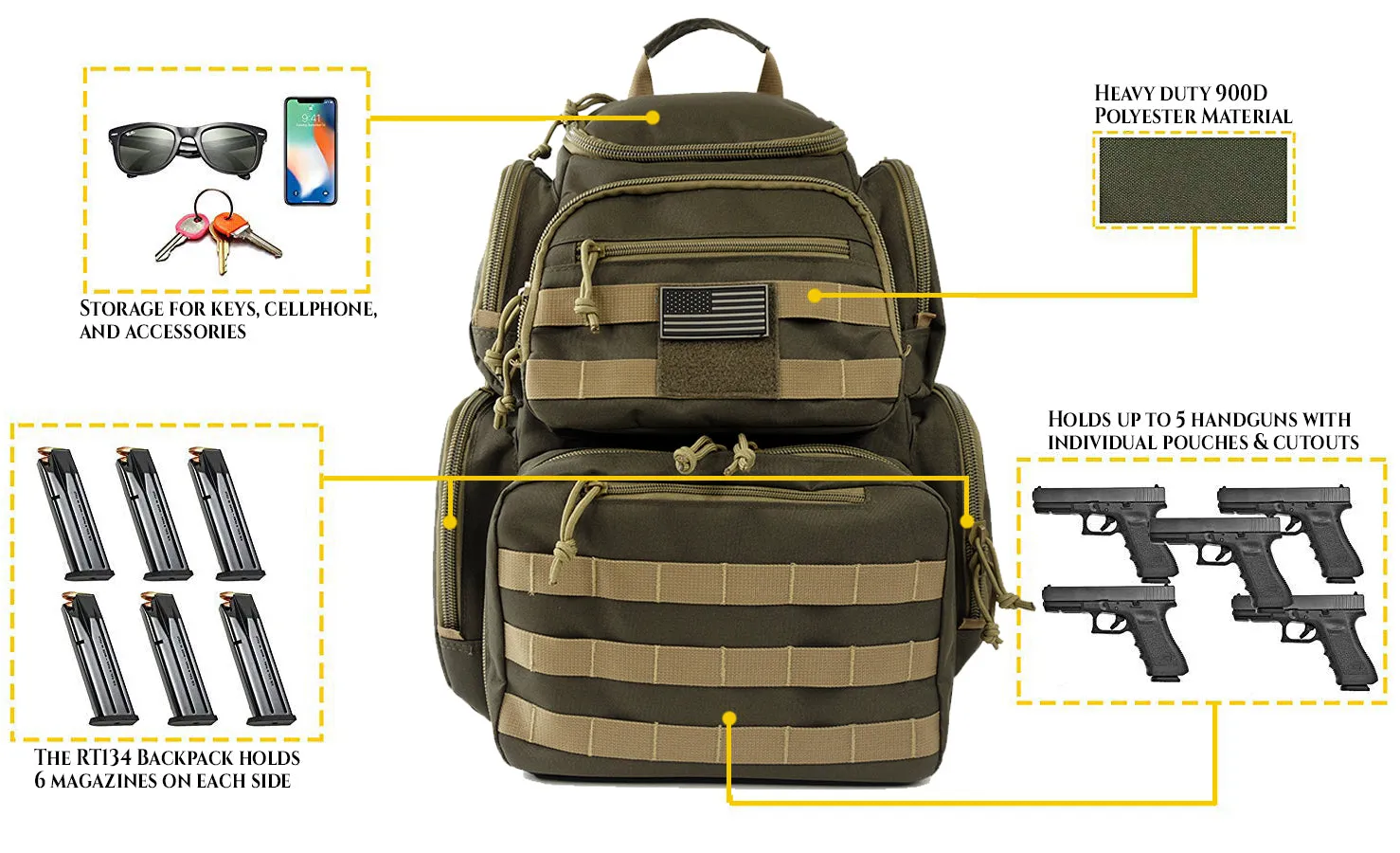 Multiple compartments Tactical Lockable Range Backpack with Free USA Patch and rain cover