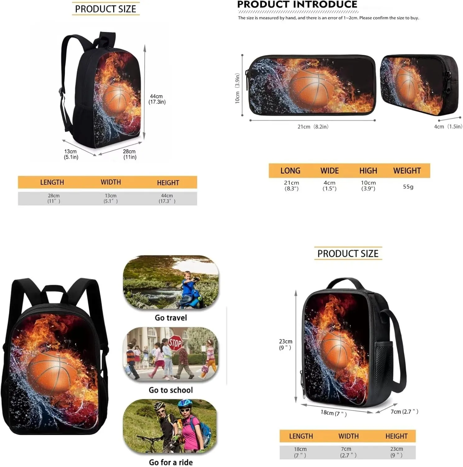 Mumeson Basketball Backpack Schoolbag Set for Teen Kids Lightweight School Backpack with Insulated Lunch Bag Pencase Pencil Bag Storage Bag Organizers Set 3 Pack