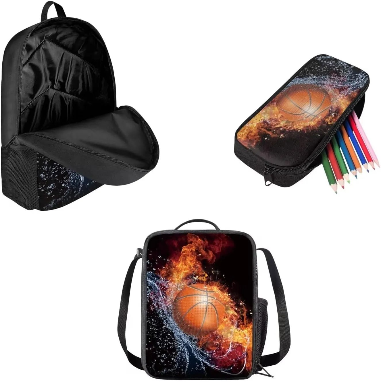 Mumeson Basketball Backpack Schoolbag Set for Teen Kids Lightweight School Backpack with Insulated Lunch Bag Pencase Pencil Bag Storage Bag Organizers Set 3 Pack