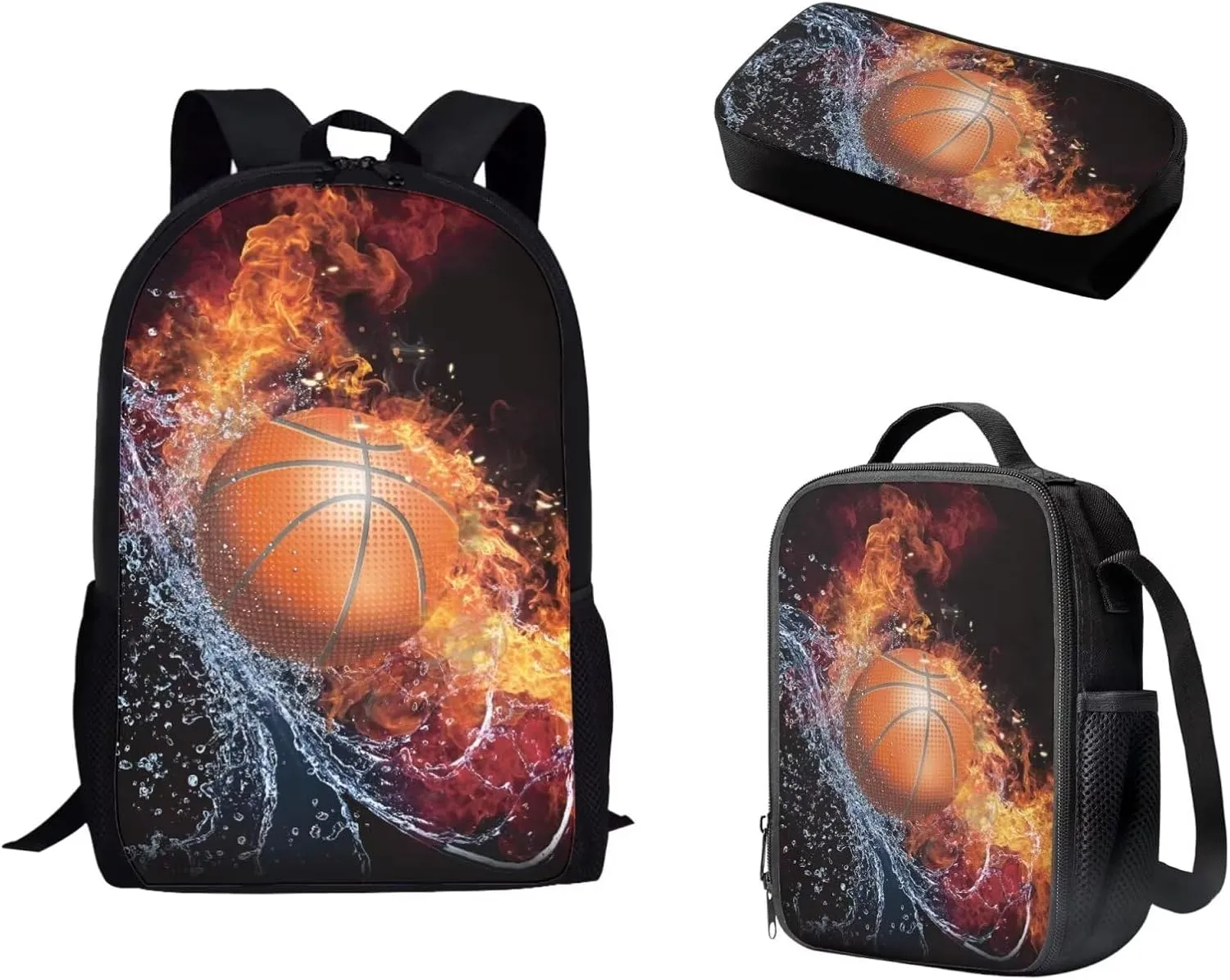 Mumeson Basketball Backpack Schoolbag Set for Teen Kids Lightweight School Backpack with Insulated Lunch Bag Pencase Pencil Bag Storage Bag Organizers Set 3 Pack