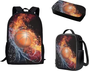 Mumeson Basketball Backpack Schoolbag Set for Teen Kids Lightweight School Backpack with Insulated Lunch Bag Pencase Pencil Bag Storage Bag Organizers Set 3 Pack