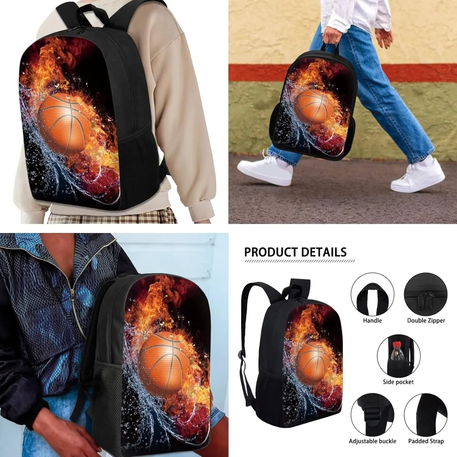 Mumeson Basketball Backpack Schoolbag Set for Teen Kids Lightweight School Backpack with Insulated Lunch Bag Pencase Pencil Bag Storage Bag Organizers Set 3 Pack