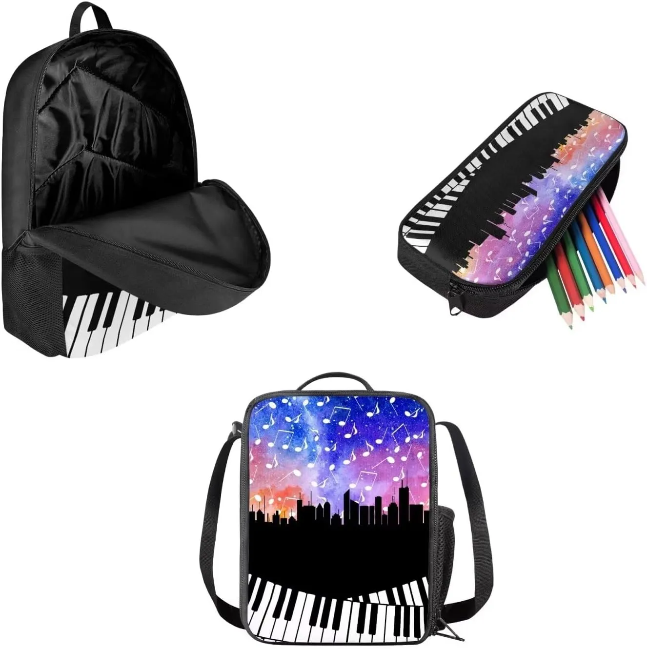 Mumeson Piano Starry Night Backpack School Bag Casual Lightweight Satchel with Insulated Thermal Lunch Handbag Crossbody Bag and Pencase