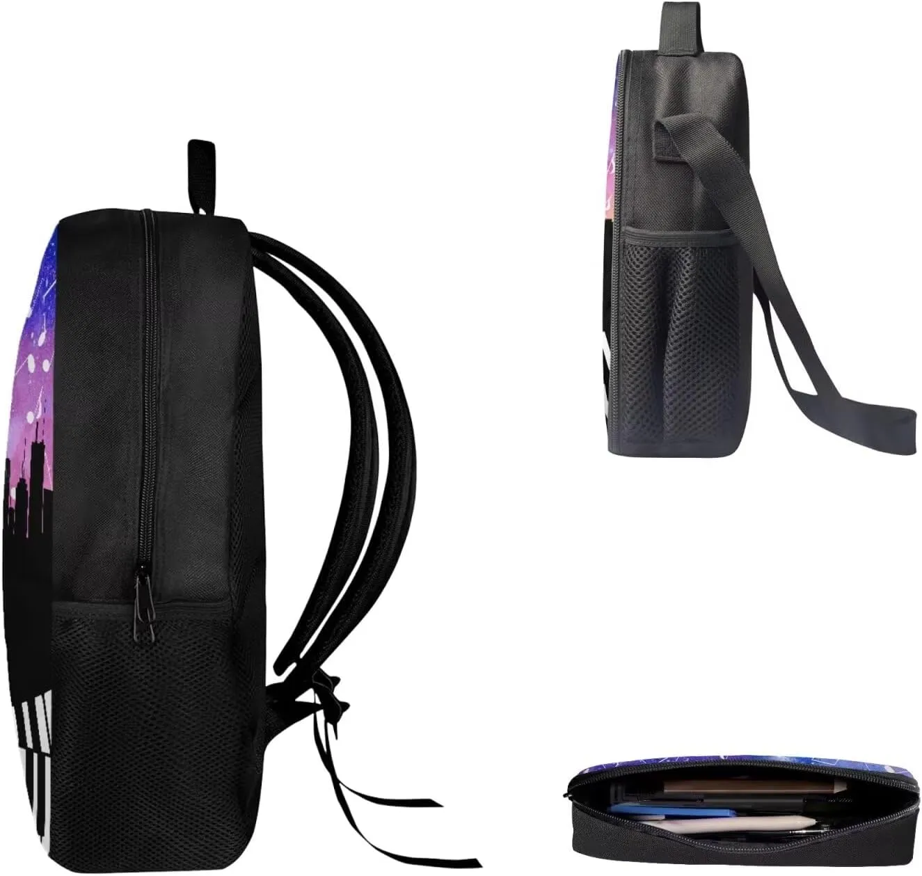 Mumeson Piano Starry Night Backpack School Bag Casual Lightweight Satchel with Insulated Thermal Lunch Handbag Crossbody Bag and Pencase