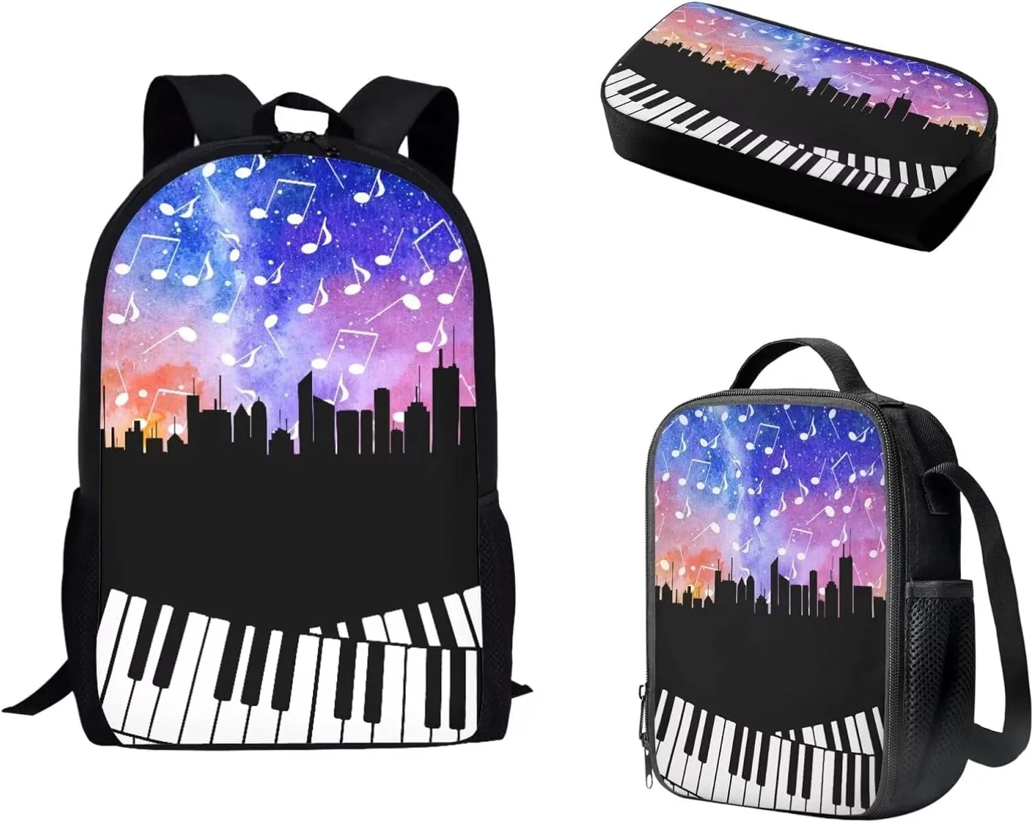 Mumeson Piano Starry Night Backpack School Bag Casual Lightweight Satchel with Insulated Thermal Lunch Handbag Crossbody Bag and Pencase