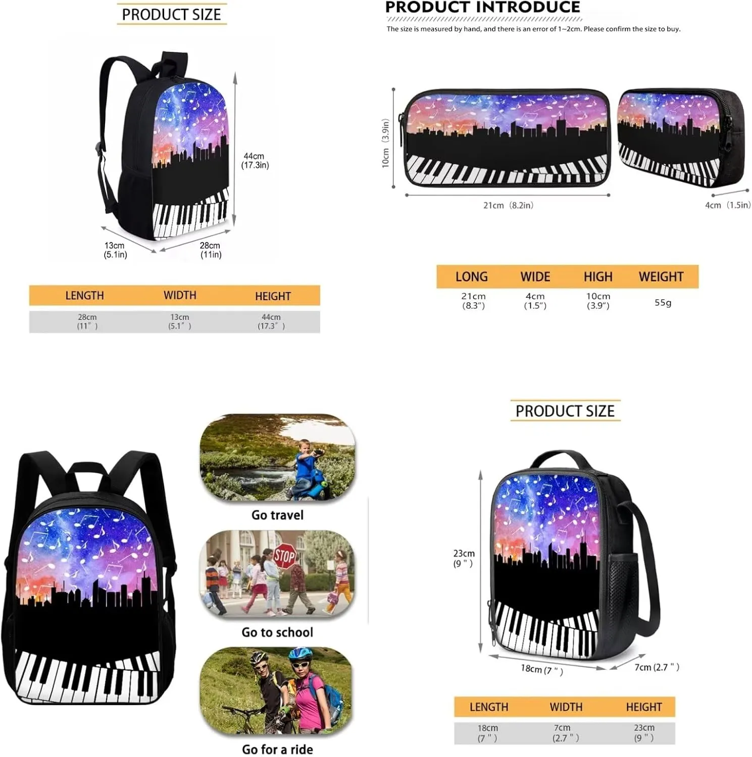 Mumeson Piano Starry Night Backpack School Bag Casual Lightweight Satchel with Insulated Thermal Lunch Handbag Crossbody Bag and Pencase