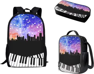 Mumeson Piano Starry Night Backpack School Bag Casual Lightweight Satchel with Insulated Thermal Lunch Handbag Crossbody Bag and Pencase