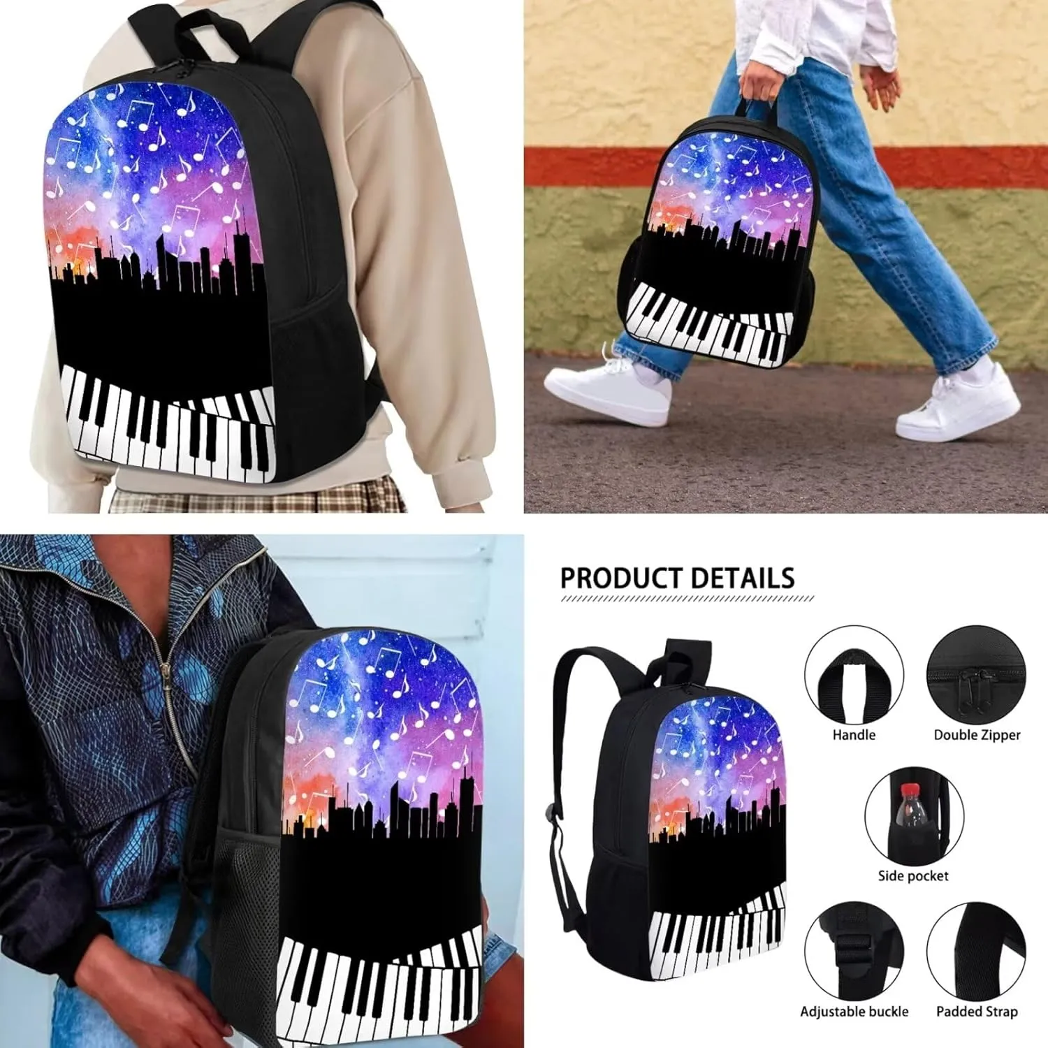 Mumeson Piano Starry Night Backpack School Bag Casual Lightweight Satchel with Insulated Thermal Lunch Handbag Crossbody Bag and Pencase