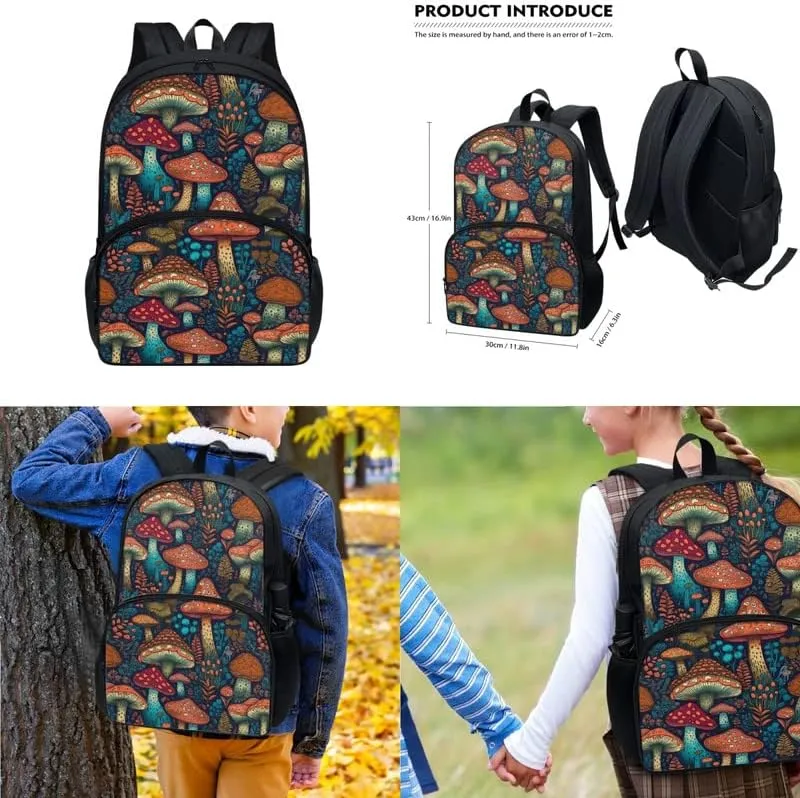 Mushroom Forest Schoolbag 3 Piece Set Schoolbag/Green Floral Forest Crossbody Reusable Lunch Bag Mushroom Multi Slot Pencil Bag Students Packs Satchel Kids