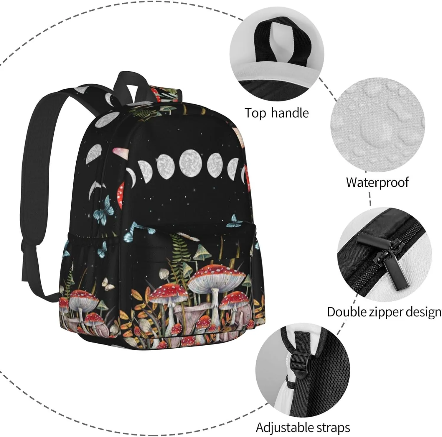 Mushroom Waterproof Backpack Adjustable Shoulder Straps Bag Large Capacity Casual Daypack Bookbag For Travel Work