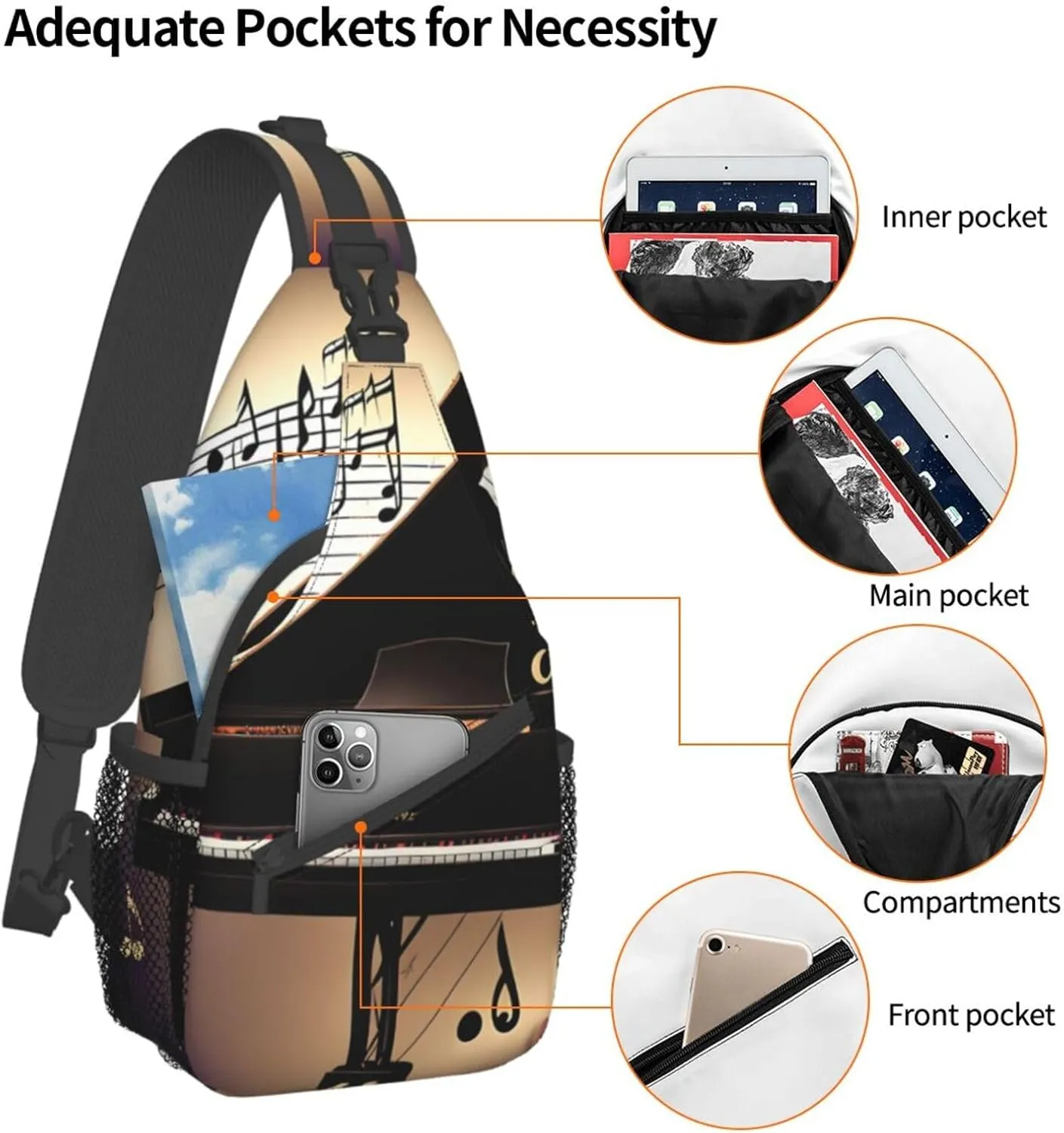 Music Note Piano High Storage Capacity Chest Bag Diagonally Sling Backpack Crossbody Shoulder Bag For Men Women