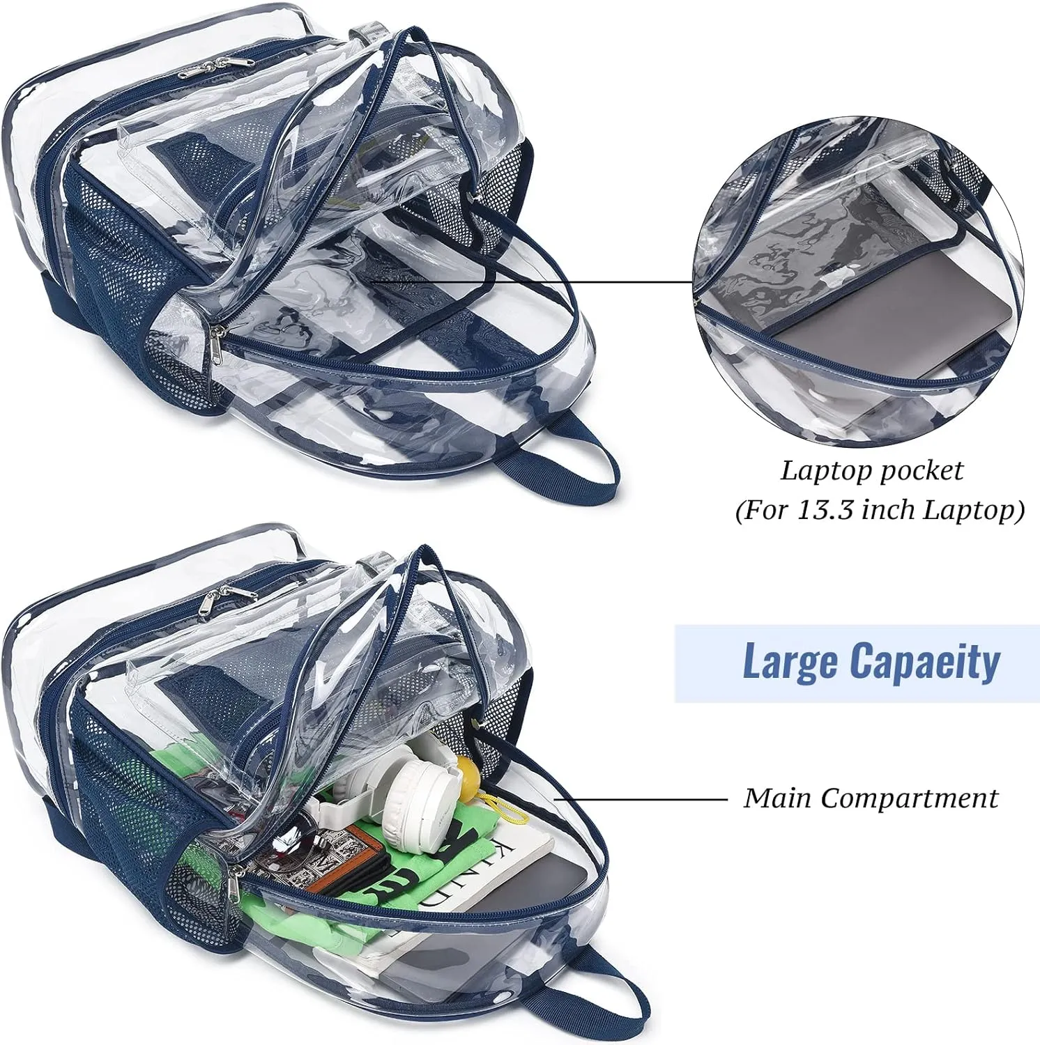mygreen Clear Backpack with Bottom Compartment for Lunch Box or Shoes, 2-in-1 Design for School, Sports, Work, Stadium, Security, Travel, College Green