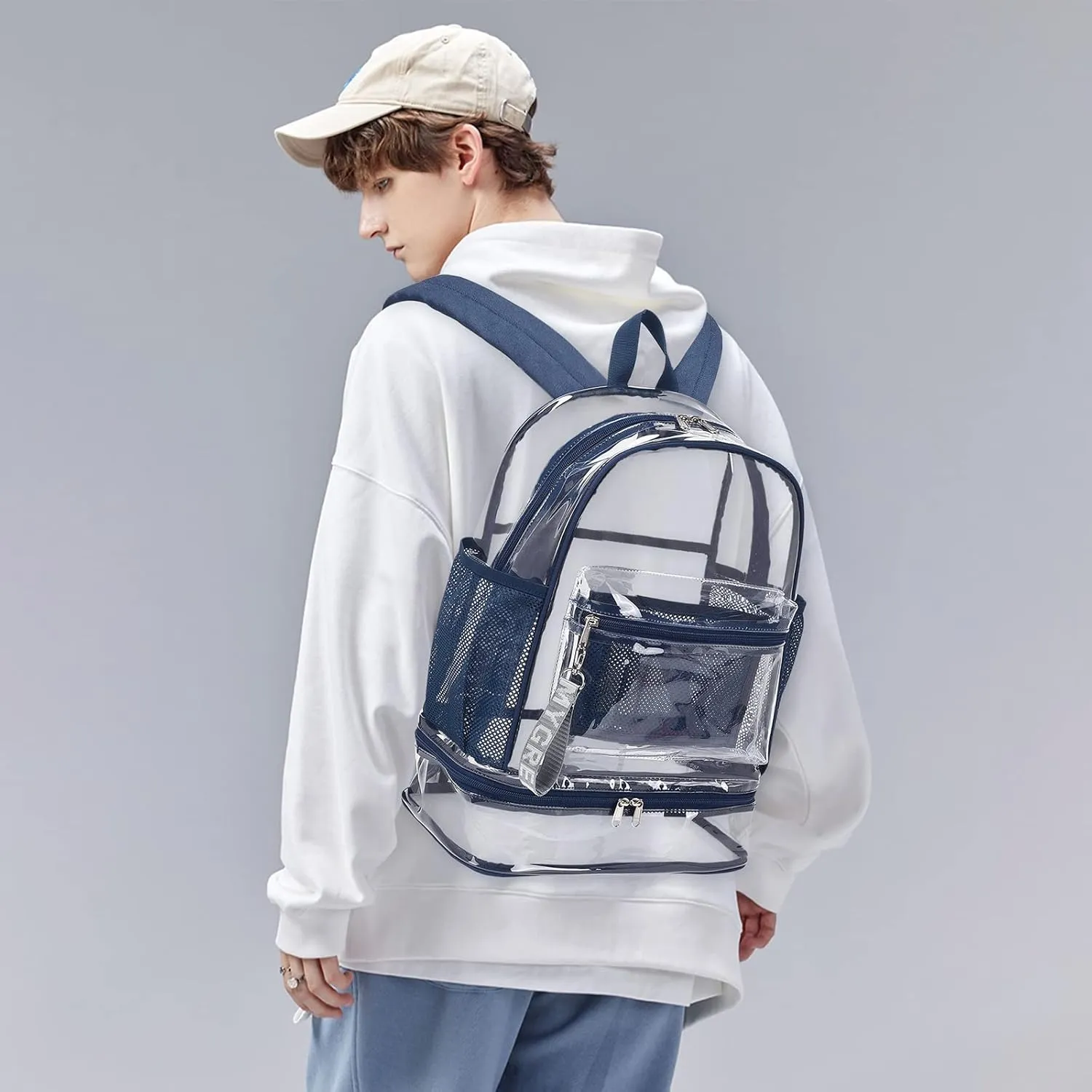 mygreen Clear Backpack with Bottom Compartment for Lunch Box or Shoes, 2-in-1 Design for School, Sports, Work, Stadium, Security, Travel, College Green