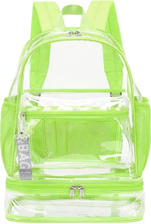 mygreen Clear Backpack with Bottom Compartment for Lunch Box or Shoes, 2-in-1 Design for School, Sports, Work, Stadium, Security, Travel, College Green