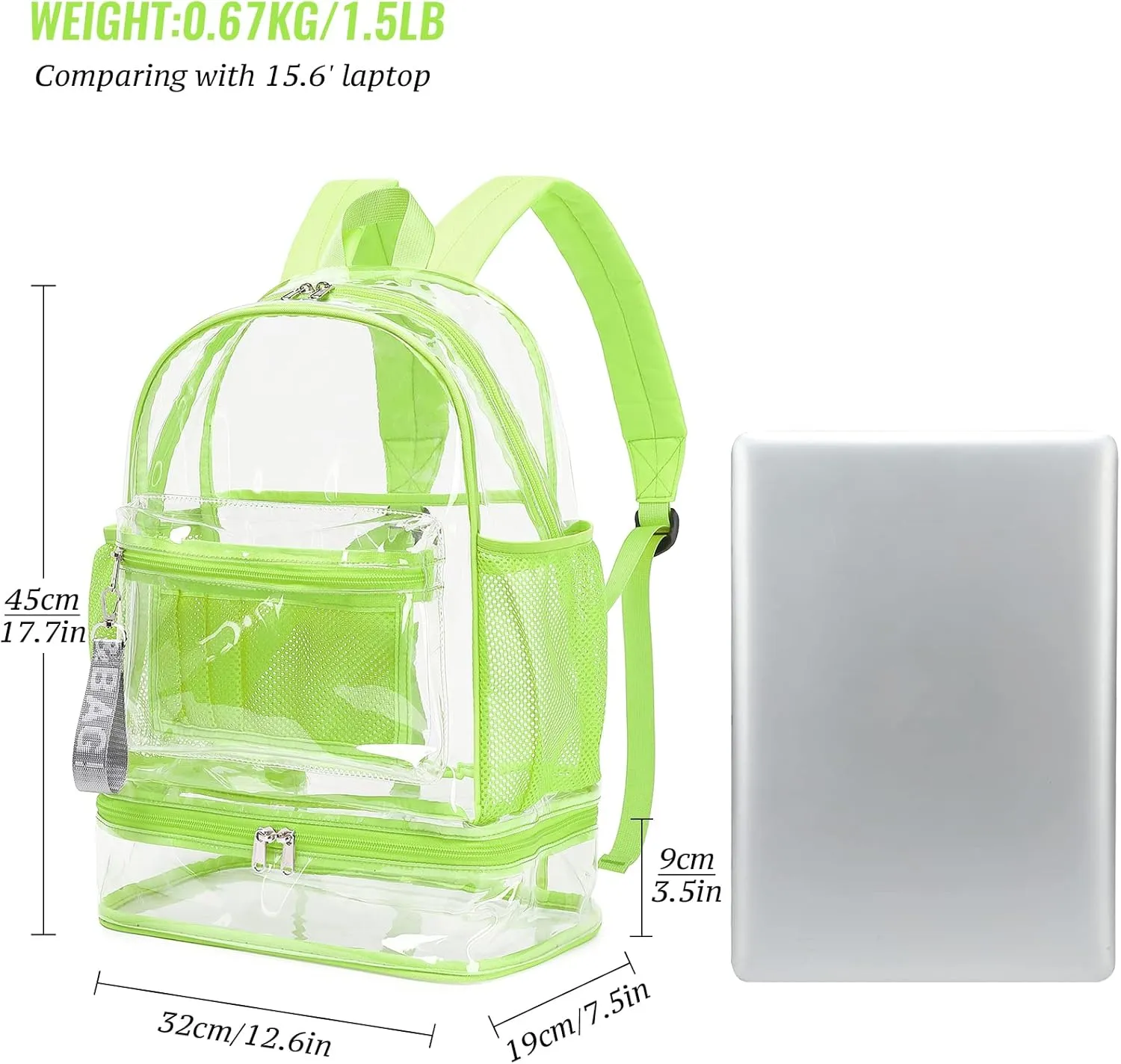 mygreen Clear Backpack with Bottom Compartment for Lunch Box or Shoes, 2-in-1 Design for School, Sports, Work, Stadium, Security, Travel, College Green