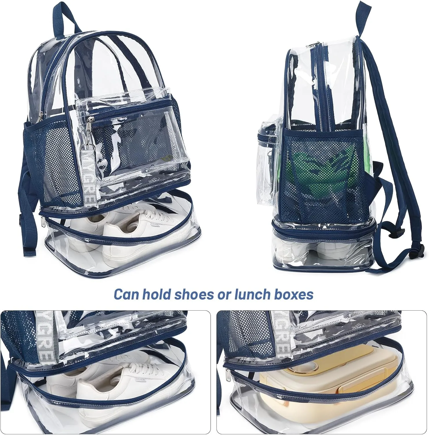 mygreen Clear Backpack with Bottom Compartment for Lunch Box or Shoes, 2-in-1 Design for School, Sports, Work, Stadium, Security, Travel, College Green
