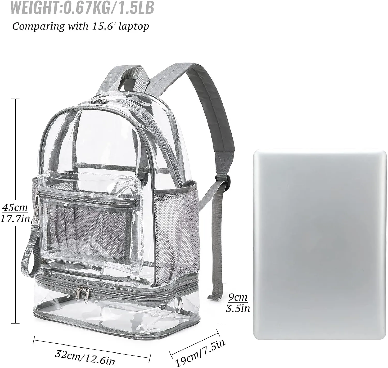 mygreen Clear Backpack with Bottom Compartment for Lunch Box or Shoes, 2-in-1 Design for School, Sports, Work, Stadium, Security, Travel, College Grey