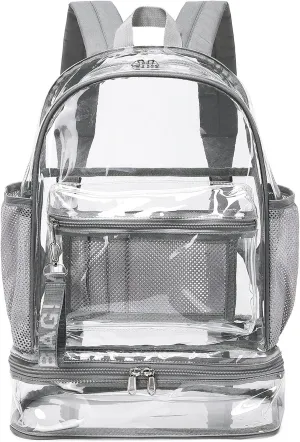 mygreen Clear Backpack with Bottom Compartment for Lunch Box or Shoes, 2-in-1 Design for School, Sports, Work, Stadium, Security, Travel, College Grey