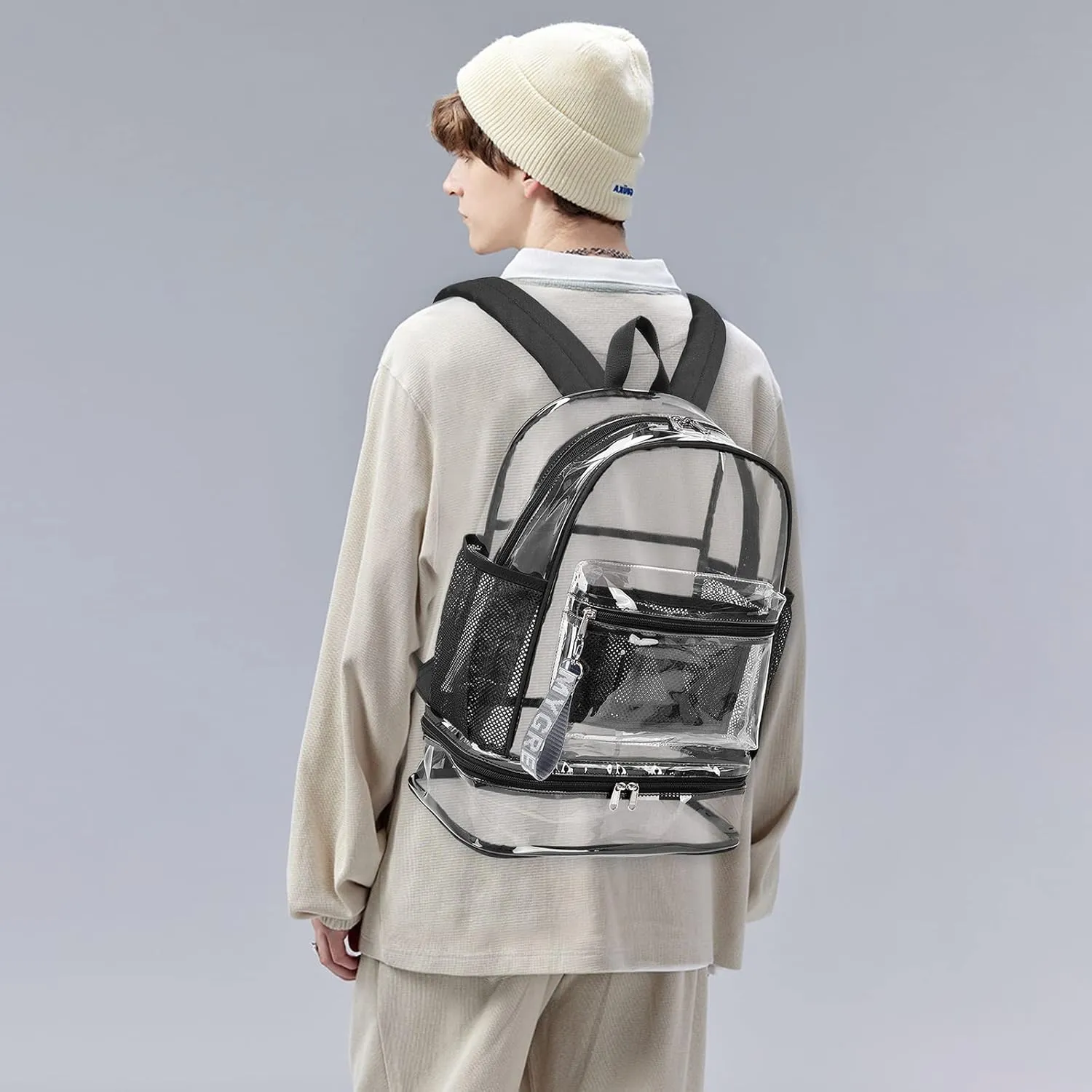 mygreen Clear Backpack with Bottom Compartment for Lunch Box or Shoes, 2-in-1 Design for School, Sports, Work, Stadium, Security, Travel, College Grey