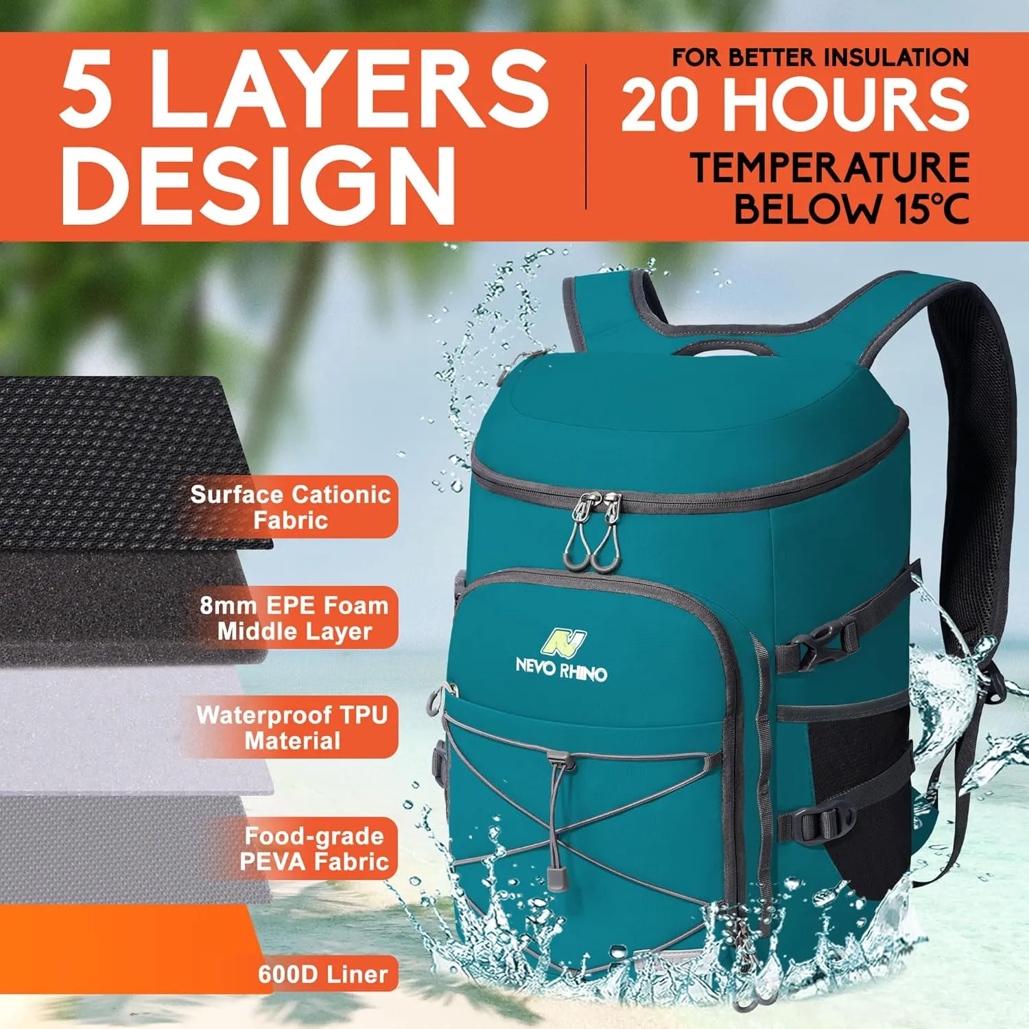 N NEVO RHINO Insulated Backpack Cooler - 36/54 Can Capacity, Waterproof Leak-Proof Lightweight Multi-Functional & Spacious， Ideal for Camping, Travel, Beach, Picnics， Lunch & Day Trips