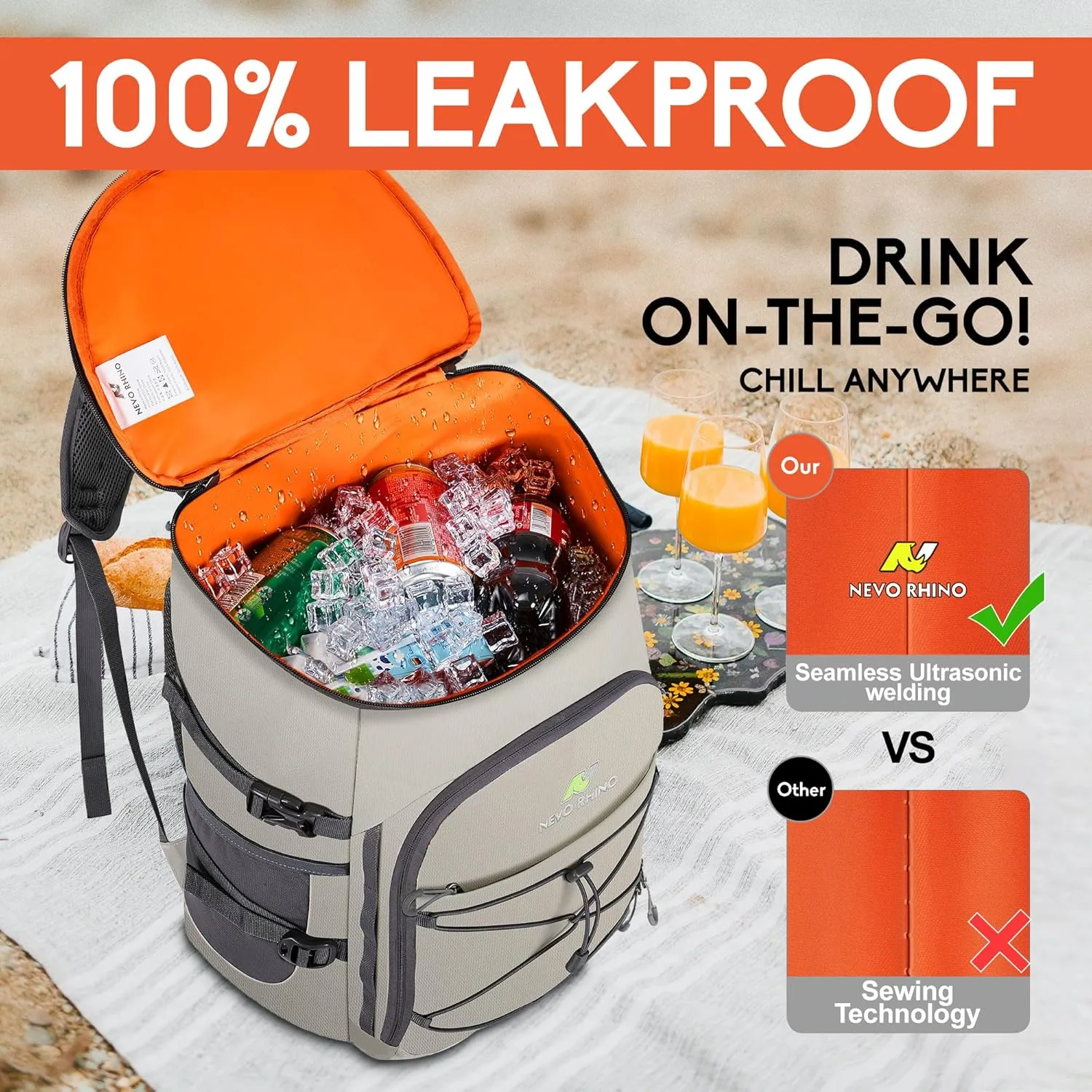 N NEVO RHINO Insulated Backpack Cooler - 36/54 Can Capacity, Waterproof Leak-Proof Lightweight Multi-Functional & Spacious， Ideal for Camping, Travel, Beach, Picnics， Lunch & Day Trips