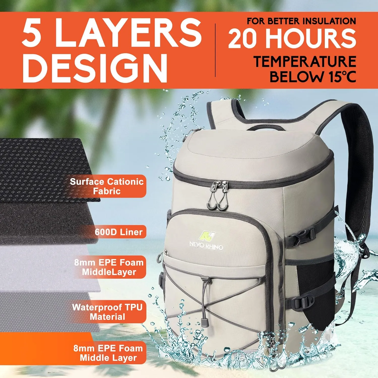 N NEVO RHINO Insulated Backpack Cooler - 36/54 Can Capacity, Waterproof Leak-Proof Lightweight Multi-Functional & Spacious， Ideal for Camping, Travel, Beach, Picnics， Lunch & Day Trips