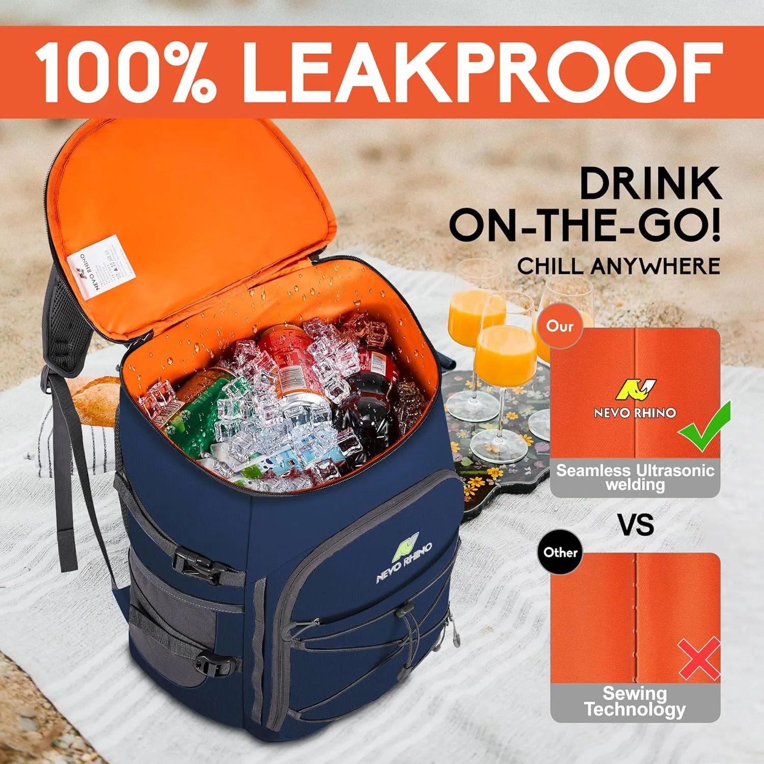 N NEVO RHINO Insulated Backpack Cooler - 36/54 Can Capacity, Waterproof Leak-Proof Lightweight Multi-Functional & Spacious， Ideal for Camping, Travel, Beach, Picnics， Lunch & Day Trips