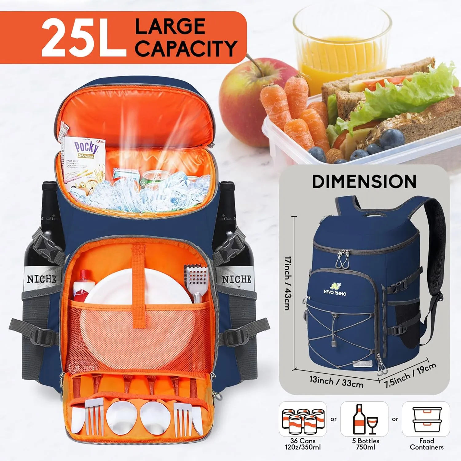 N NEVO RHINO Insulated Backpack Cooler - 36/54 Can Capacity, Waterproof Leak-Proof Lightweight Multi-Functional & Spacious， Ideal for Camping, Travel, Beach, Picnics， Lunch & Day Trips