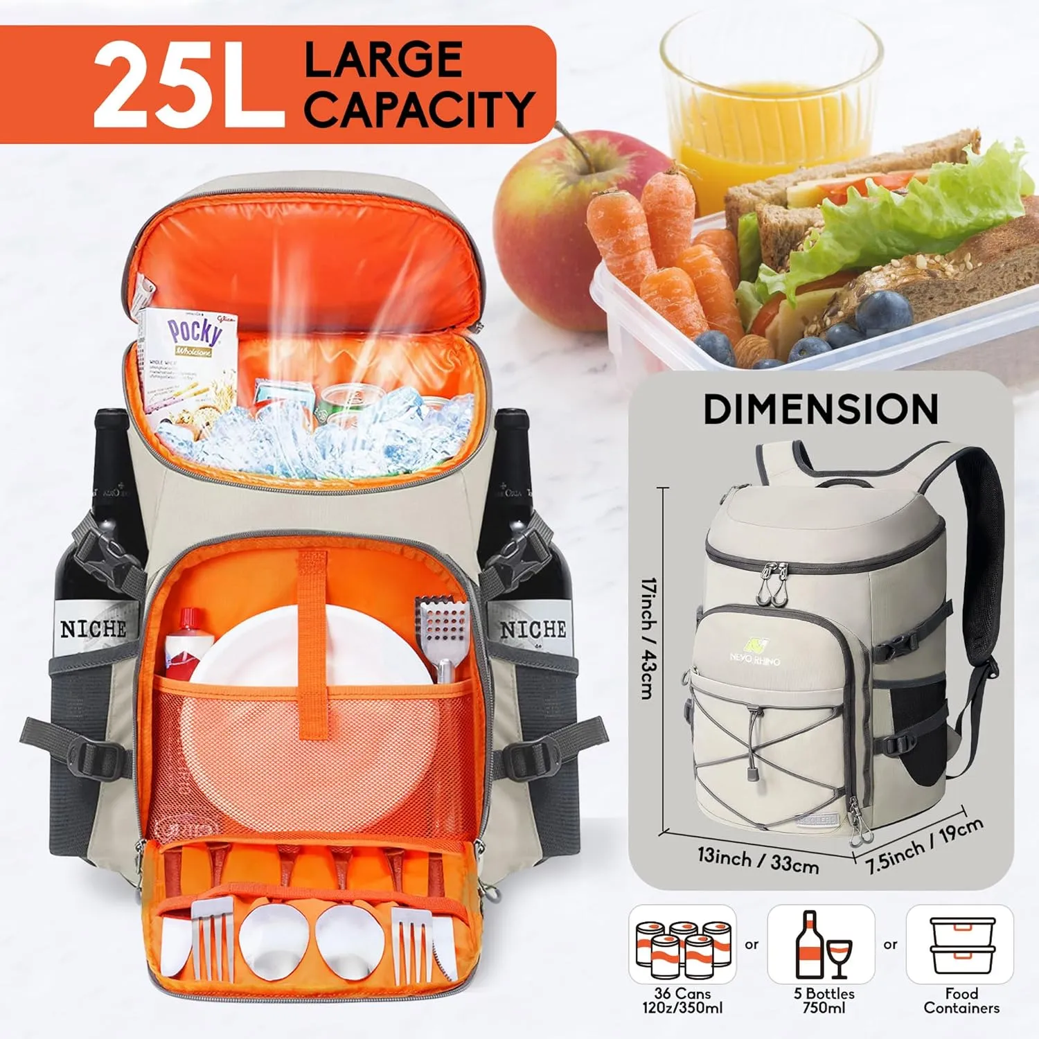 N NEVO RHINO Insulated Backpack Cooler - 36/54 Can Capacity, Waterproof Leak-Proof Lightweight Multi-Functional & Spacious， Ideal for Camping, Travel, Beach, Picnics， Lunch & Day Trips