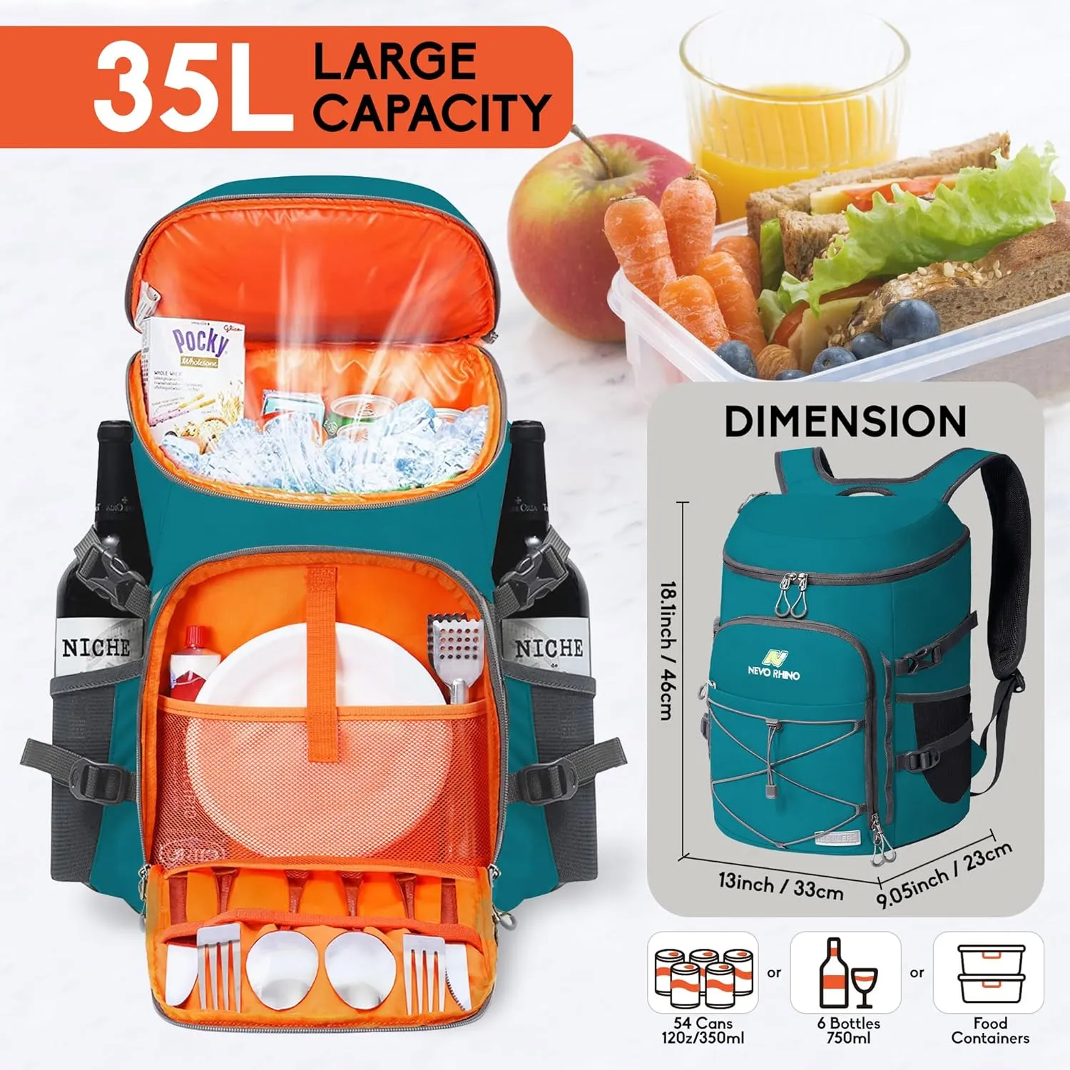 N NEVO RHINO Insulated Backpack Cooler - 36/54 Can Capacity, Waterproof Leak-Proof Lightweight Multi-Functional & Spacious， Ideal for Camping, Travel, Beach, Picnics， Lunch & Day Trips