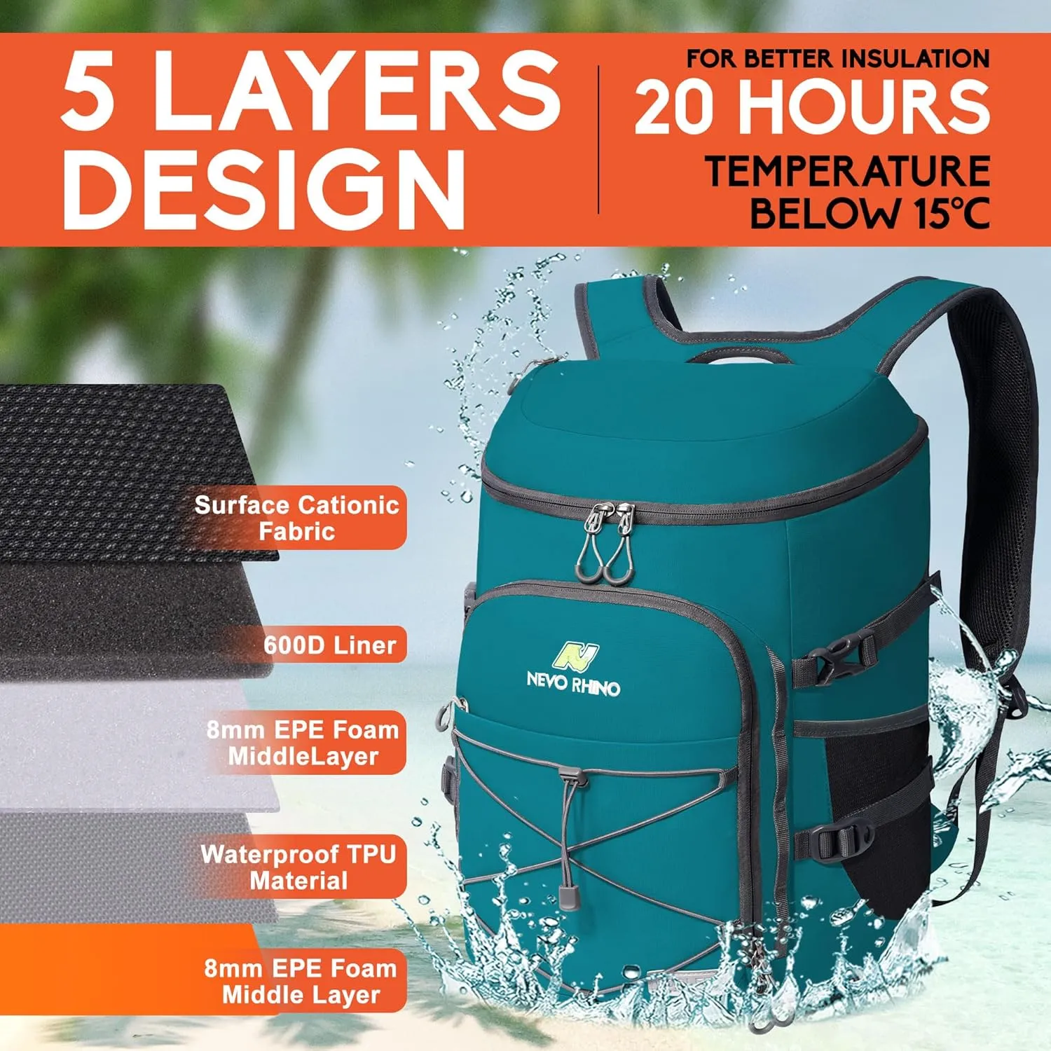 N NEVO RHINO Insulated Backpack Cooler - 36/54 Can Capacity, Waterproof Leak-Proof Lightweight Multi-Functional & Spacious， Ideal for Camping, Travel, Beach, Picnics， Lunch & Day Trips